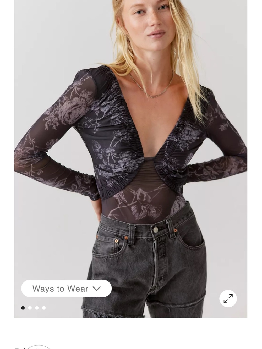Urban Outfitters Sheer Floral Ruched V-Neck Long Sleeve Bodysuit Top Black Grey